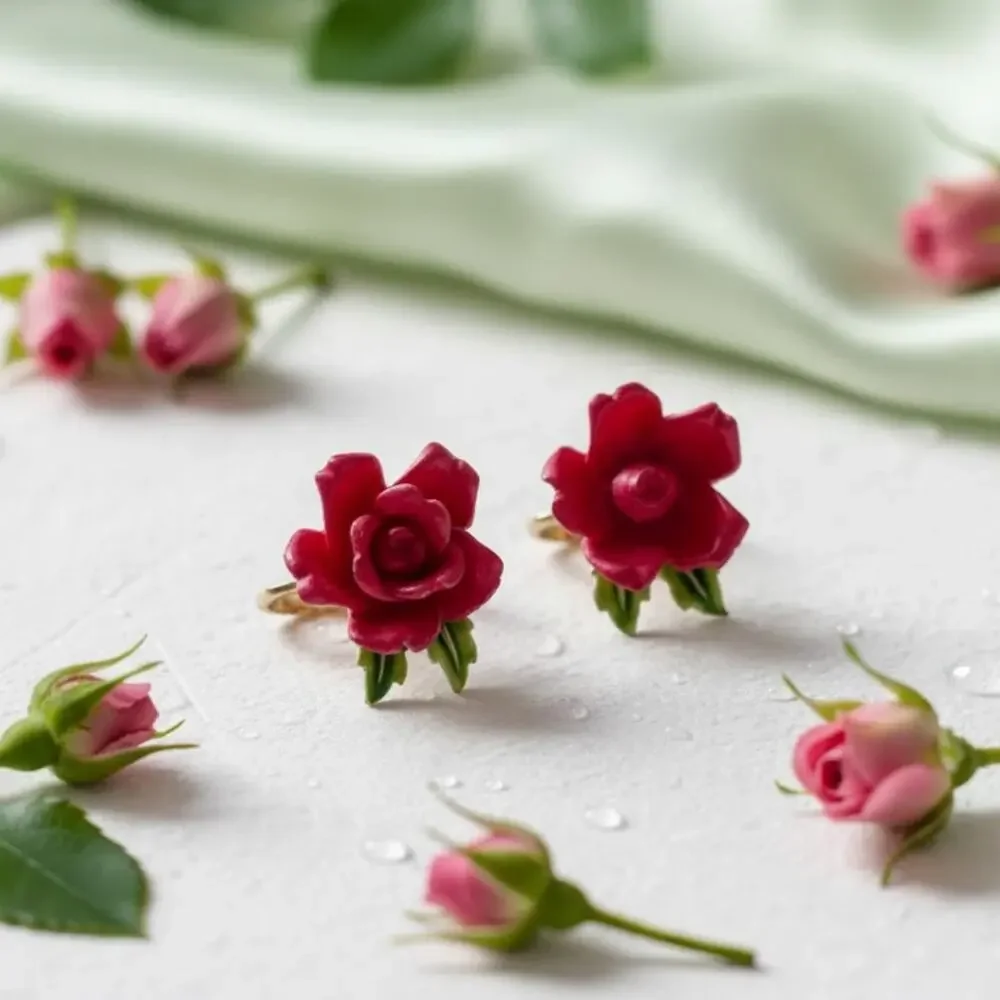 Vintage Trifari Rose Clip On Earrings Red